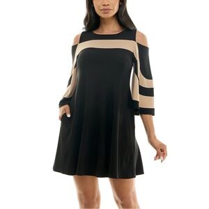 Nina Leonard Black and Tan Women's Cold Shoulder Dress